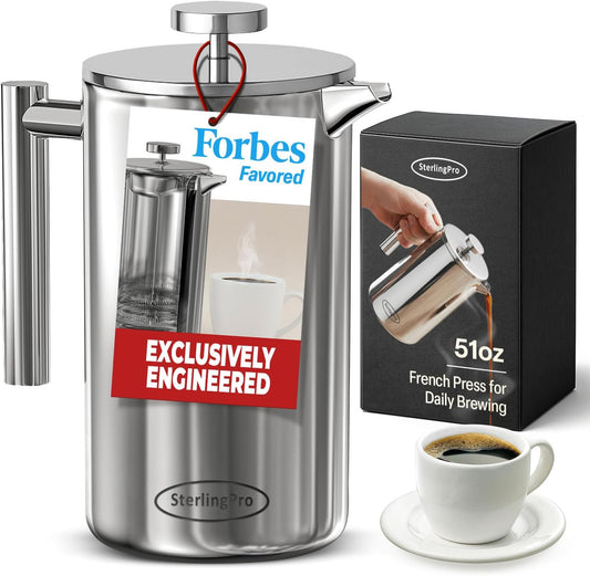 French Press Coffee Maker (1.5L)-Double Walled Large Coffee Press with 2 Free Filters-Enjoy Granule-Free Coffee Guaranteed, Stylish Rust Free Kitchen Accessory-Stainless Steel French Press